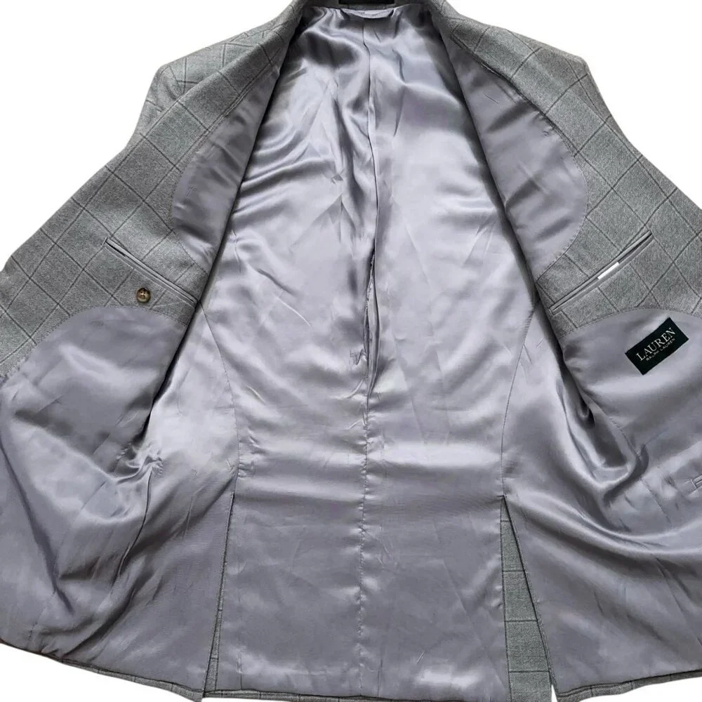 Lauren Ralph Lauren Blazer Jacket Mens Size 40R Sports Coat Wool Silk Plaid Gray
